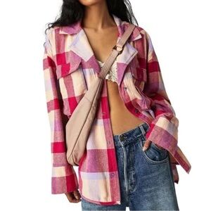 NWOT Free People We The Free Izzie Cargo Shirt In Pink And Tan Combo - size XS